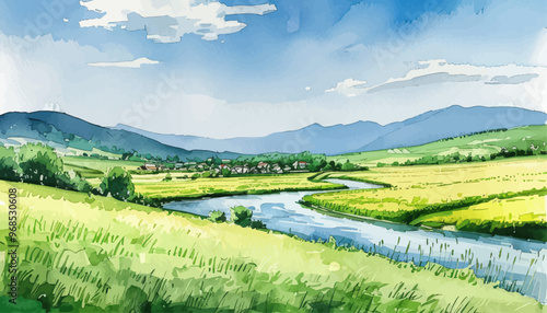 Rural landscape with winding river and green fields