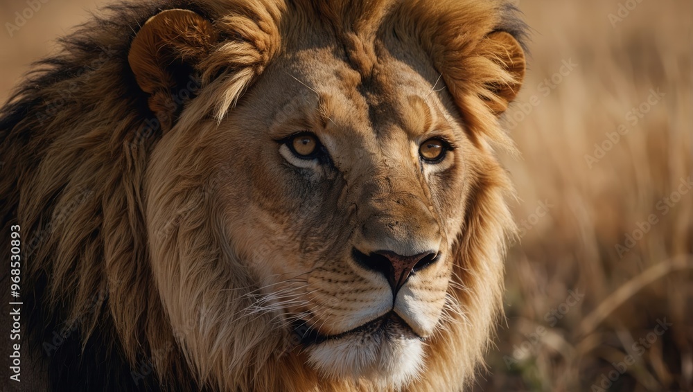 Obraz premium A majestic lion with a beautiful mane is staring at the camera