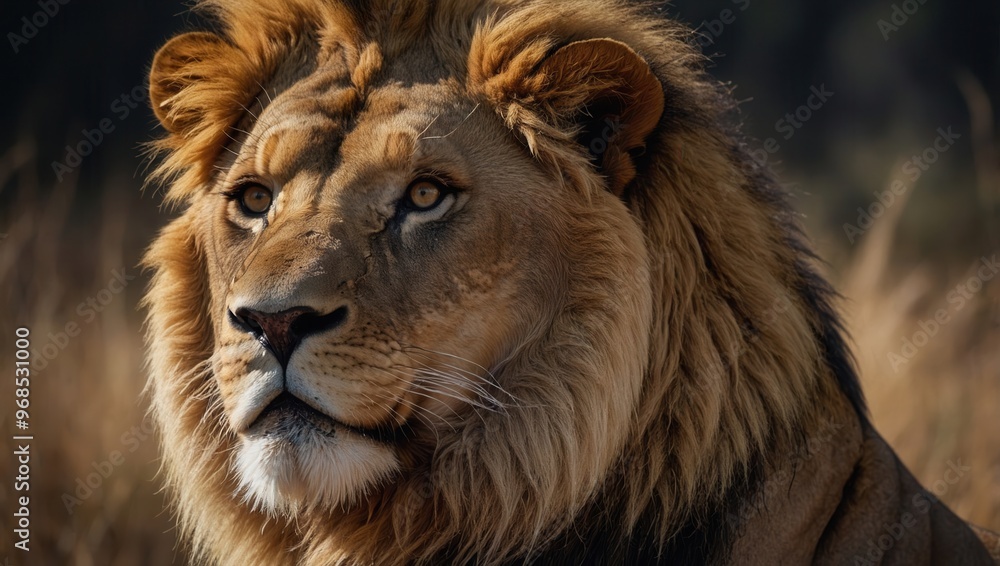 A majestic lion with a beautiful mane is staring at the camera A majestic lion with a beautiful mane is staring at the camera