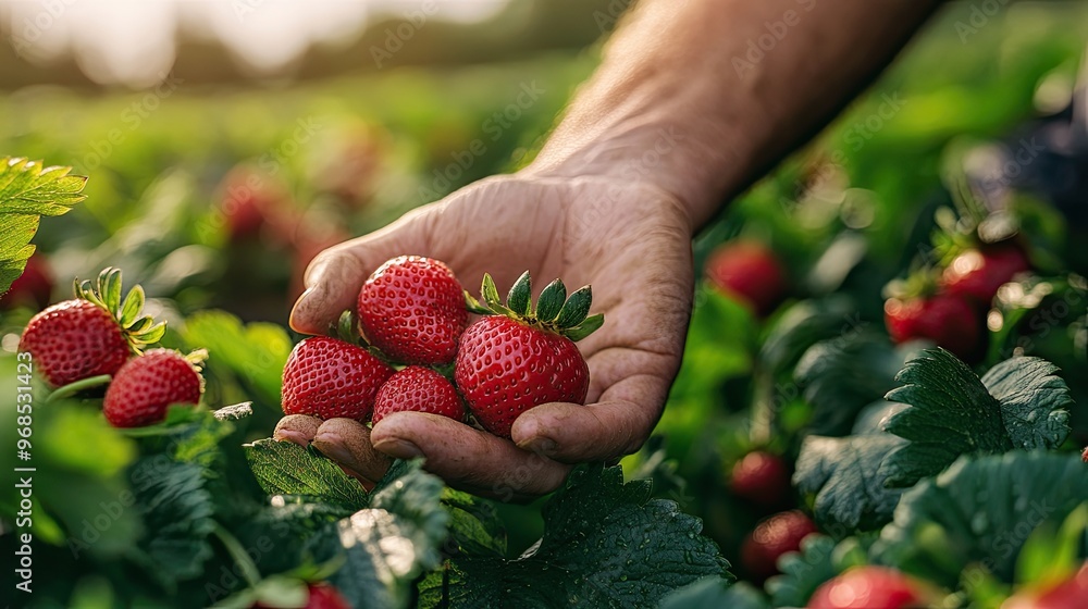 18. Hands picking fresh strawberries from a plant, with rows of strawberry plants stretching into the background on a sunny day 18. Hands picking fresh strawberries from a plant, with rows of strawberry plants stretching into the background on a sunny day