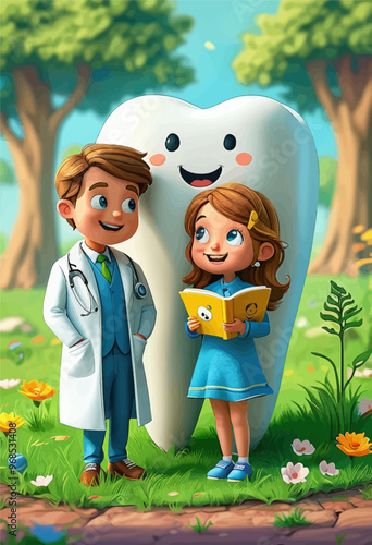 Smiling dentist and patient reading book together