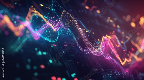 Colorful business profits graph covered with dynamic glowing waves and lines, set against a dark background for a modern, futuristic look