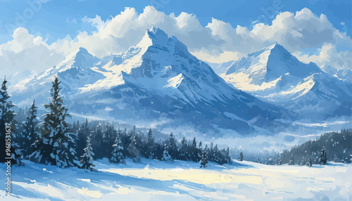 Snowy mountain landscape with pine trees and blue sky