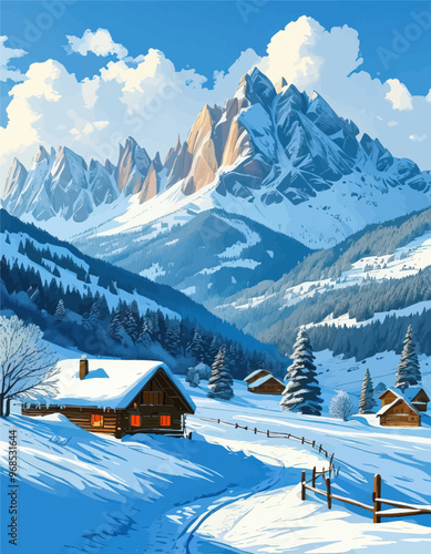 Snowy mountain village with wooden cabins and fences