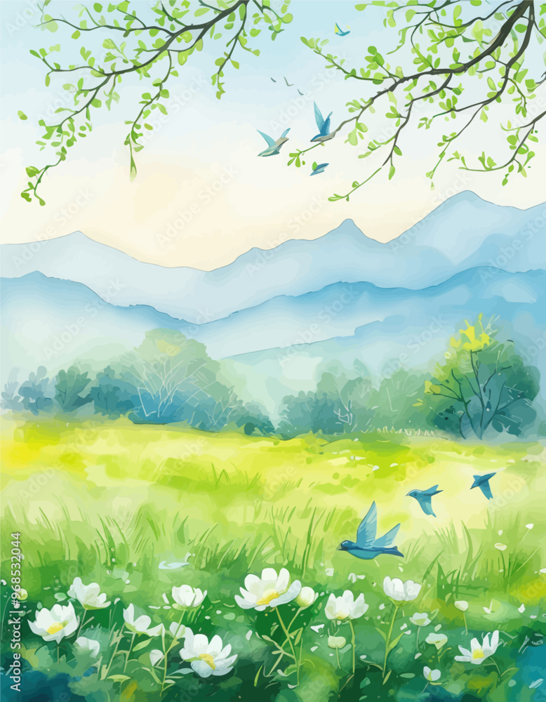 Fototapeta premium Springtime Serenity: A Pastoral Scene with Birds and Flowers