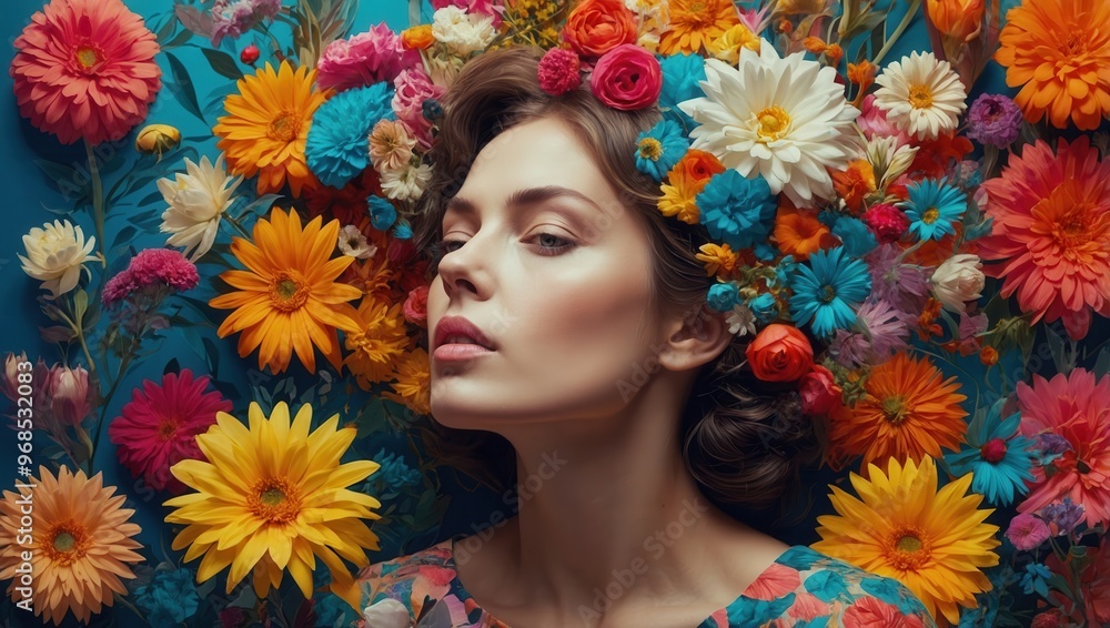 A woman wearing a flower crown and a colorful floral dress A woman wearing a flower crown and a colorful floral dress