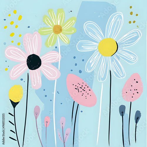 2D illustrator doodle-style floral and leaf graphics on a white background or wallpaper