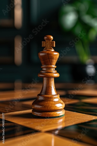 Close-up of a wooden chess king on a beautifully crafted chessboard, symbolizing strategy and competition.