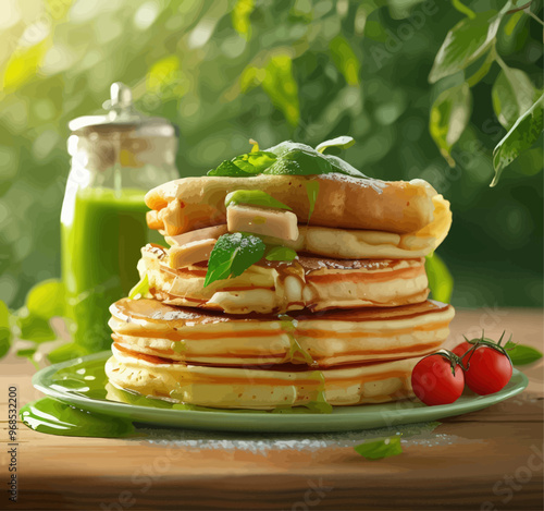 Stack of Pancakes with Fresh Fruit and Green Leaves