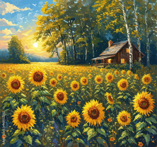 Sunflower Field at Sunset with Wooden Cabin