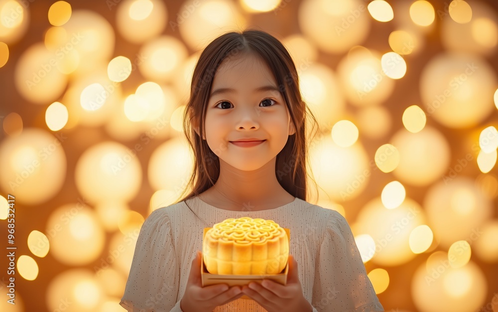 Happy Asian Girl Holding Mooncake Box, Festive Lanterns, Warm Golden Hour – Rich Colors, Mid-Shot Happy Asian Girl Holding Mooncake Box, Festive Lanterns, Warm Golden Hour – Rich Colors, Mid-Shot