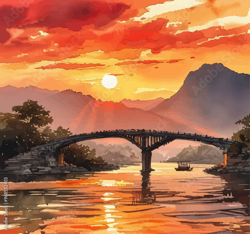 Sunset over a river with a bridge and a boat