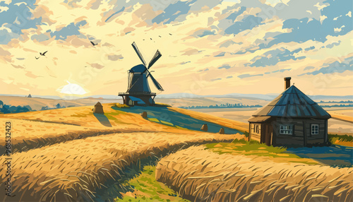 Sunset over a windmill farm with a traditional wooden house in the foreground