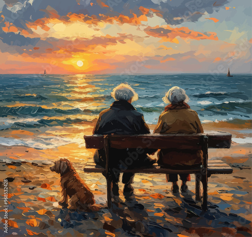 Sunset Serenity: Elderly Couple and Dog at the Beach