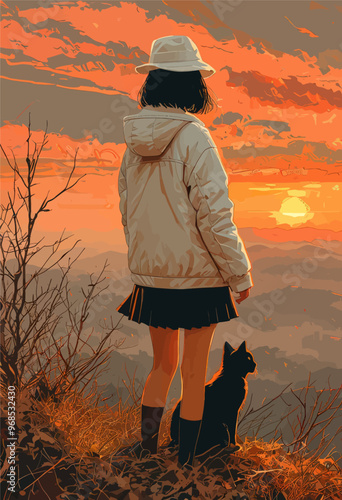 Sunset Silhouette: Girl and Cat on Hilltop