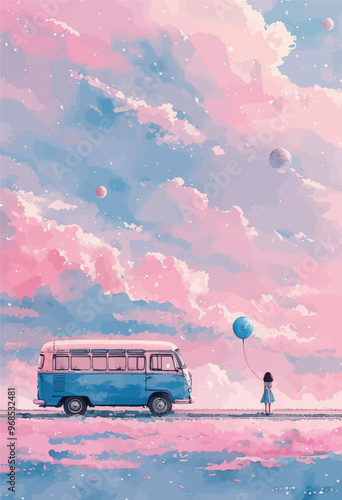 Surreal Dreamscape: A Vintage Bus Ride Through a Pink and Blue Cloudy Sky with a Floating Balloon and a Girl in a Dress