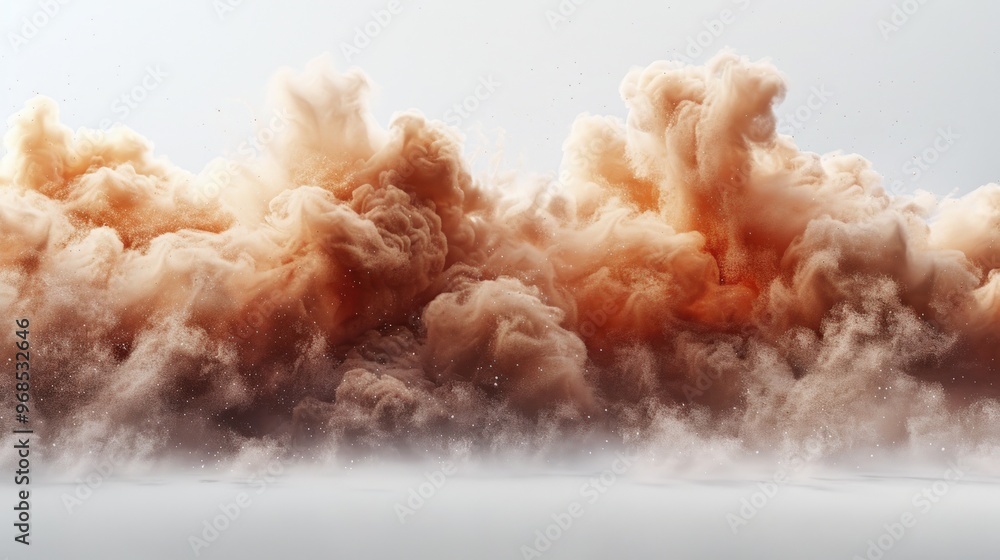 A large, billowing cloud of dust in a desert landscape. A large, billowing cloud of dust in a desert landscape.