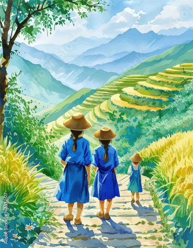 Three children walking down a path in a rural landscape