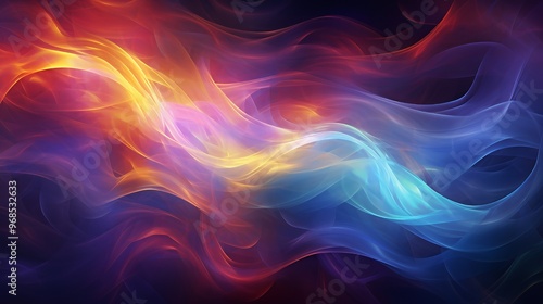 Abstract background with flowing, transparent, colorful lines on a dark background.