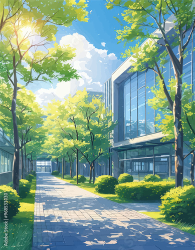 Vibrant Campus Walkway with Modern Architecture and Greenery