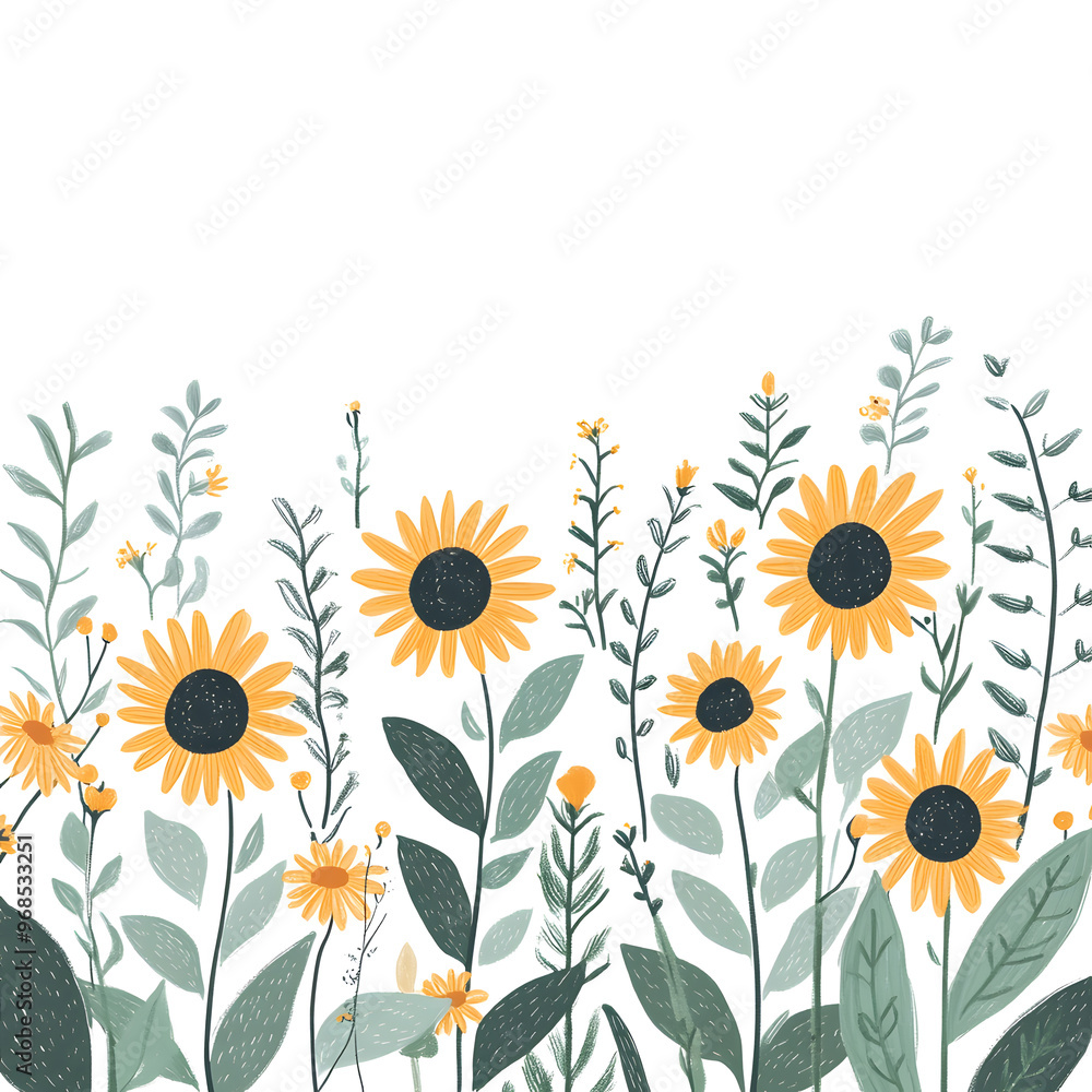 Obraz premium 2D illustrator doodle-style floral and leaf graphics on a white background or wallpaper