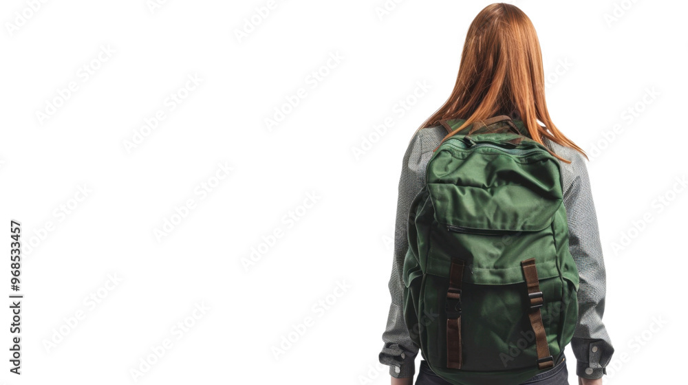 Green backpack on woman's back on transparent background Green backpack on woman's back on transparent background
