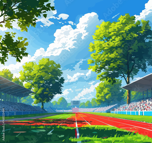 Vibrant Stadium Scene with Track and Trees