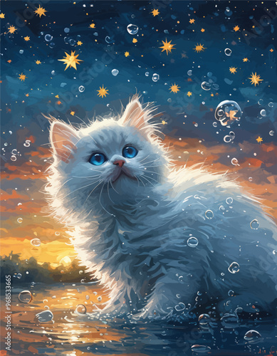 Whimsical Cat in Starlit Night