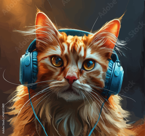 Whimsical Cat with Headphones, Eyes, and Ears