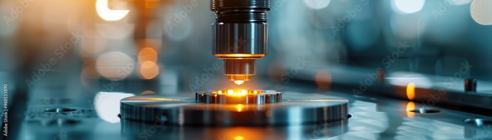 Close-up view of metalworking process with laser technology, illuminating precision machinery in a modern manufacturing environment. Close-up view of metalworking process with laser technology, illuminating precision machinery in a modern manufacturing environment.