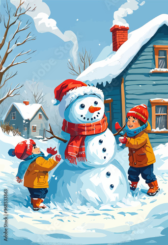 Winter Fun: Children Playing with Snowman