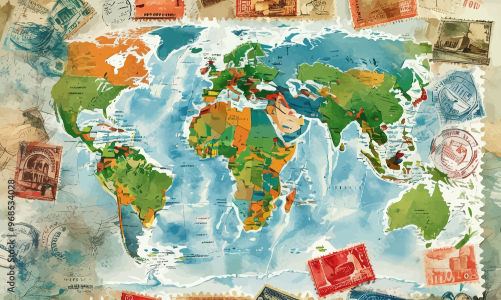 World Map with Stamps and Postmarks World Map with Stamps and Postmarks
