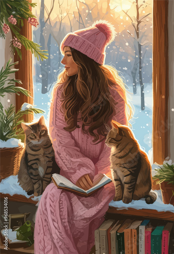 Woman Reading to Cats by Window
