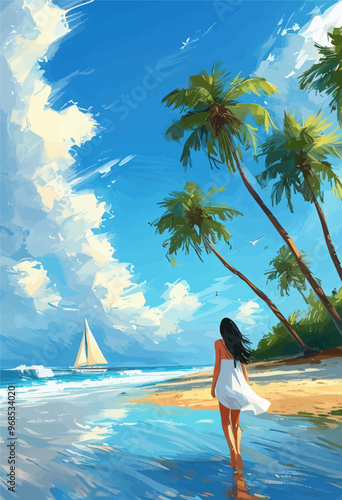 Woman Walking Along Shore with Palm Trees and Sailboat