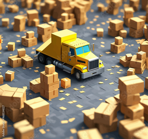 Yellow delivery truck amidst a sea of cardboard boxes