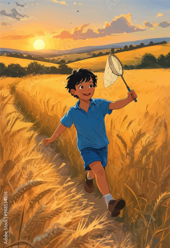 Young Boy Running Through Golden Fields with Butterfly Net