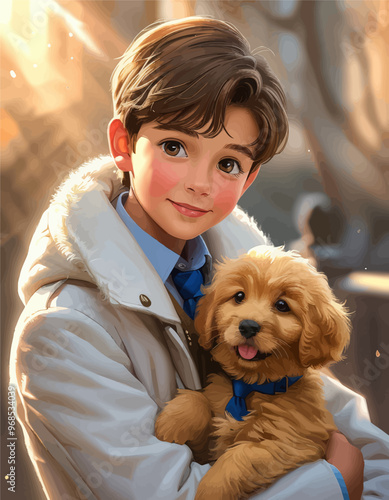Young boy with blue tie and puppy, smiling, outdoors, sunlight, warmth, joy, childhood, companionship