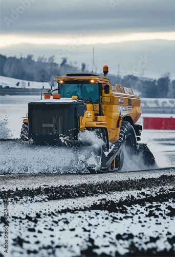Yellow snowplow clearing path in winter landscape