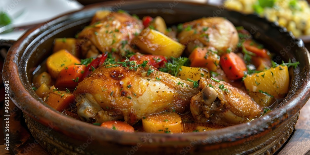 Close up of Ptitim Chicken and Vegetable Stew in Israeli Traditional Cuisine Close up of Ptitim Chicken and Vegetable Stew in Israeli Traditional Cuisine