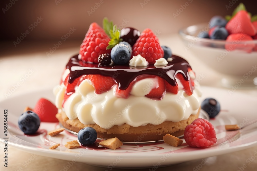 Vanilla cheesecake with chocolate sauce and berries Vanilla cheesecake with chocolate sauce and berries