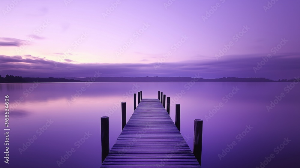 Fototapeta premium Straight wooden pier over a lake, purple sky background