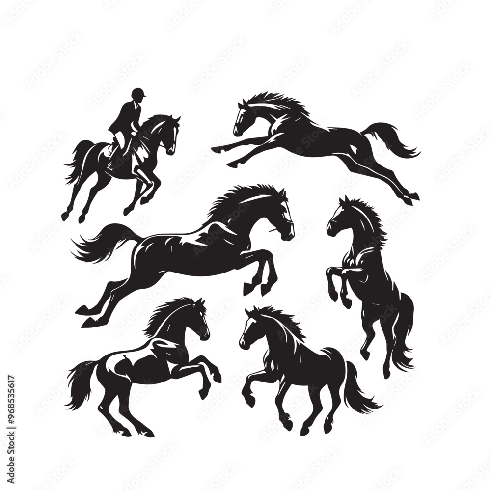 Horse silhouette. Running horse silhouette. Jumping horse vector design on white background. Horse logo, icon. Horse silhouette. Running horse silhouette. Jumping horse vector design on white background. Horse logo, icon.
