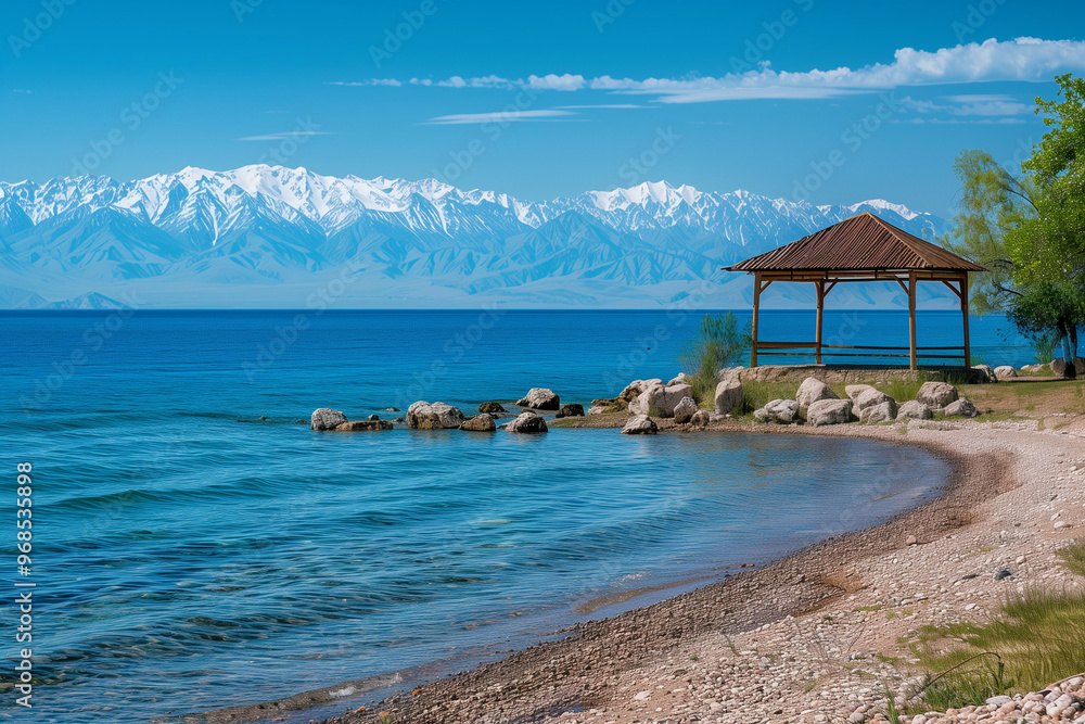 A Serene View of Issyk-Kul Lake in Kyrgyzstan, Featuring Snow-Capped Mountains and a Shaded Gazebo on the Shoreline, Captured on a Sunny Day with Crystal Clear Waters and Pebble Beach A Serene View of Issyk-Kul Lake in Kyrgyzstan, Featuring Snow-Capped Mountains and a Shaded Gazebo on the Shoreline, Captured on a Sunny Day with Crystal Clear Waters and Pebble Beach