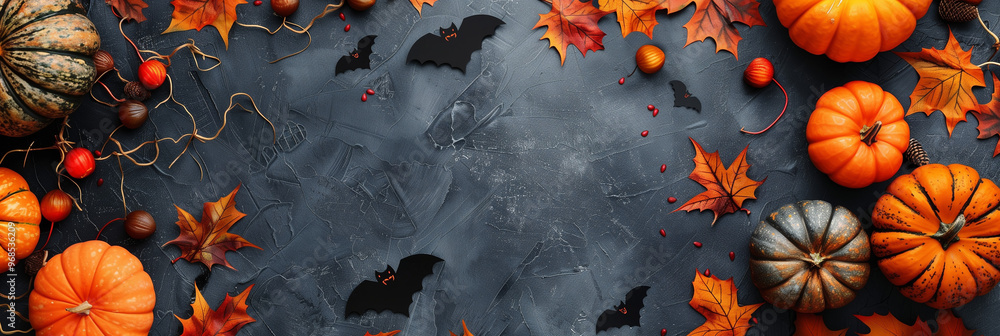 autumnal Halloween background with pumpkins and bats, autumn leaves autumnal Halloween background with pumpkins and bats, autumn leaves