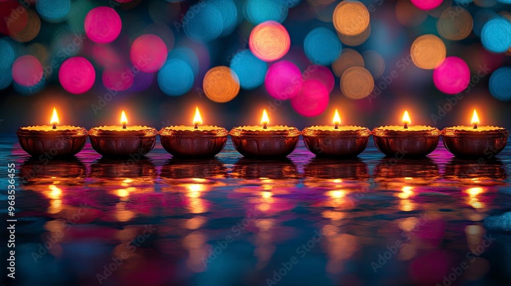 A row of lit diyas, reflecting in water, soft pink and blue gradient background A row of lit diyas, reflecting in water, soft pink and blue gradient background