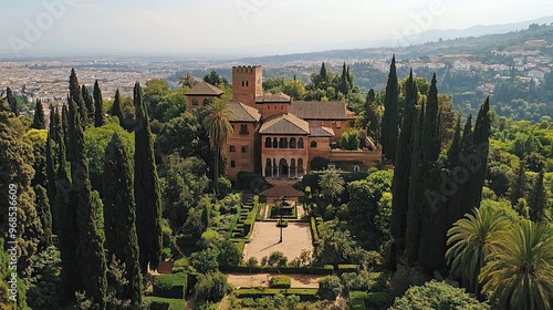 21. View from above of the Alhambra in Spain, with its Moorish architecture, lush gardens, and courtyards nestled into the hillside overlooking the city of Granada