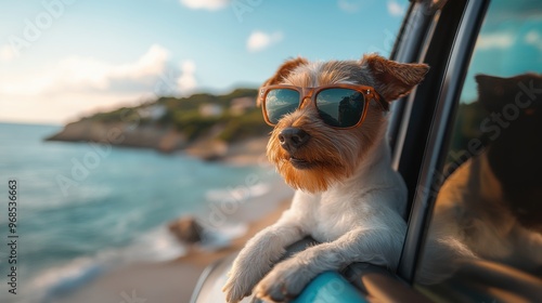Wallpaper Mural Dog wearing sunglasses in a car by the sea. Torontodigital.ca