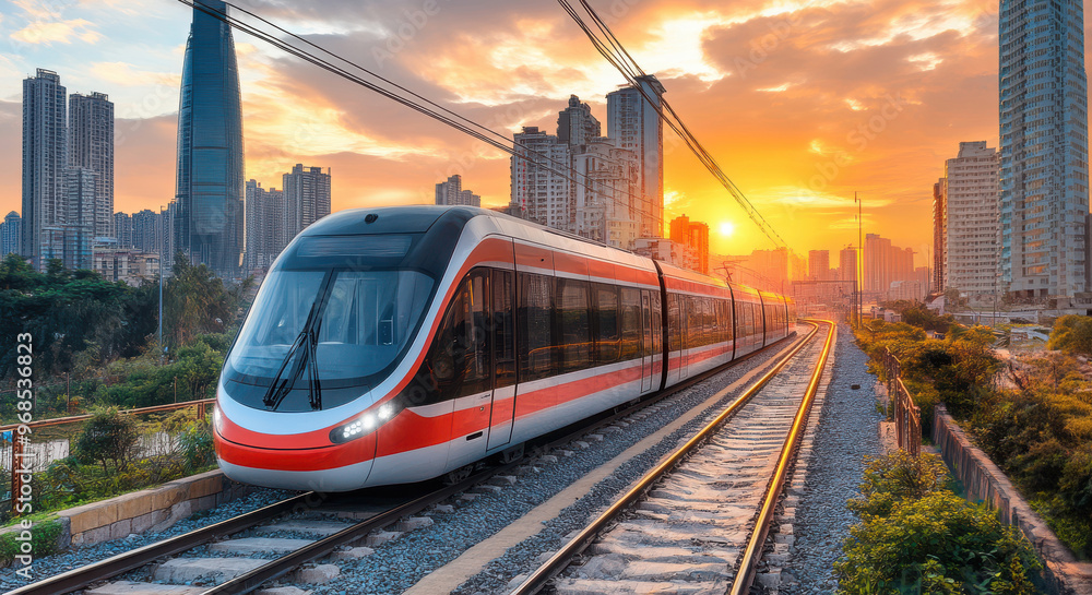 Modern Train Leaving City at Sunset. Modern Train Leaving City at Sunset.
