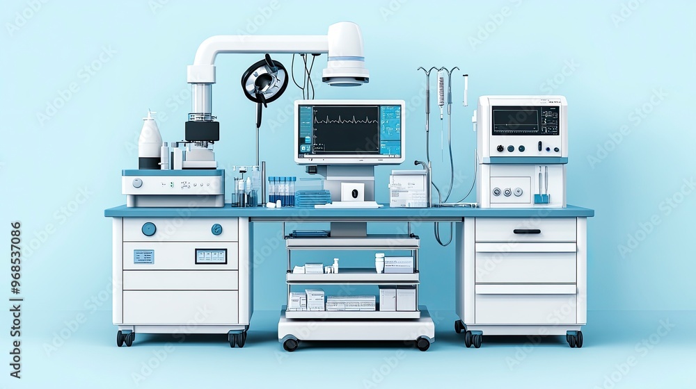 Anesthesia prep room, medication and masks, anesthesia machines, bright sterile light Anesthesia prep room, medication and masks, anesthesia machines, bright sterile light