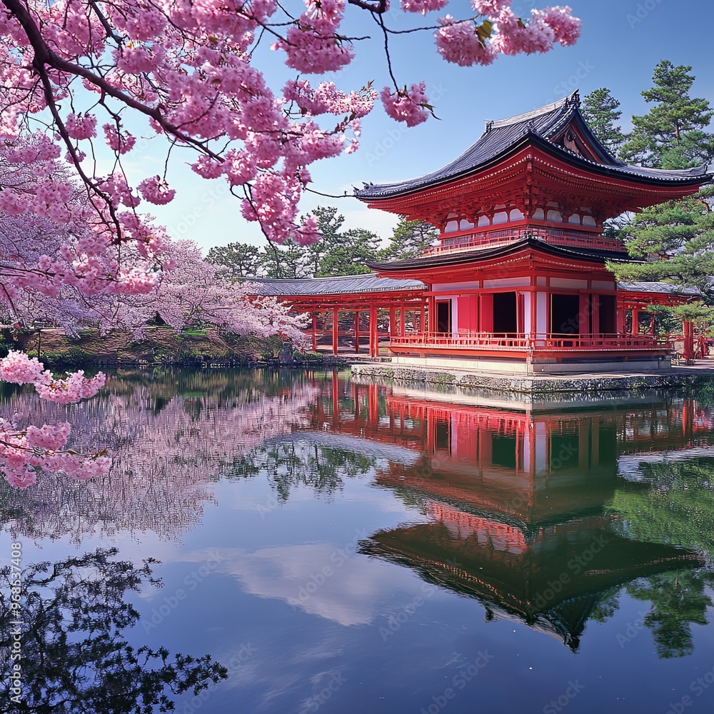 Japanese garden in Heian Shrine, kyoto, japan with cherry blossom Japanese garden in Heian Shrine, kyoto, japan with cherry blossom